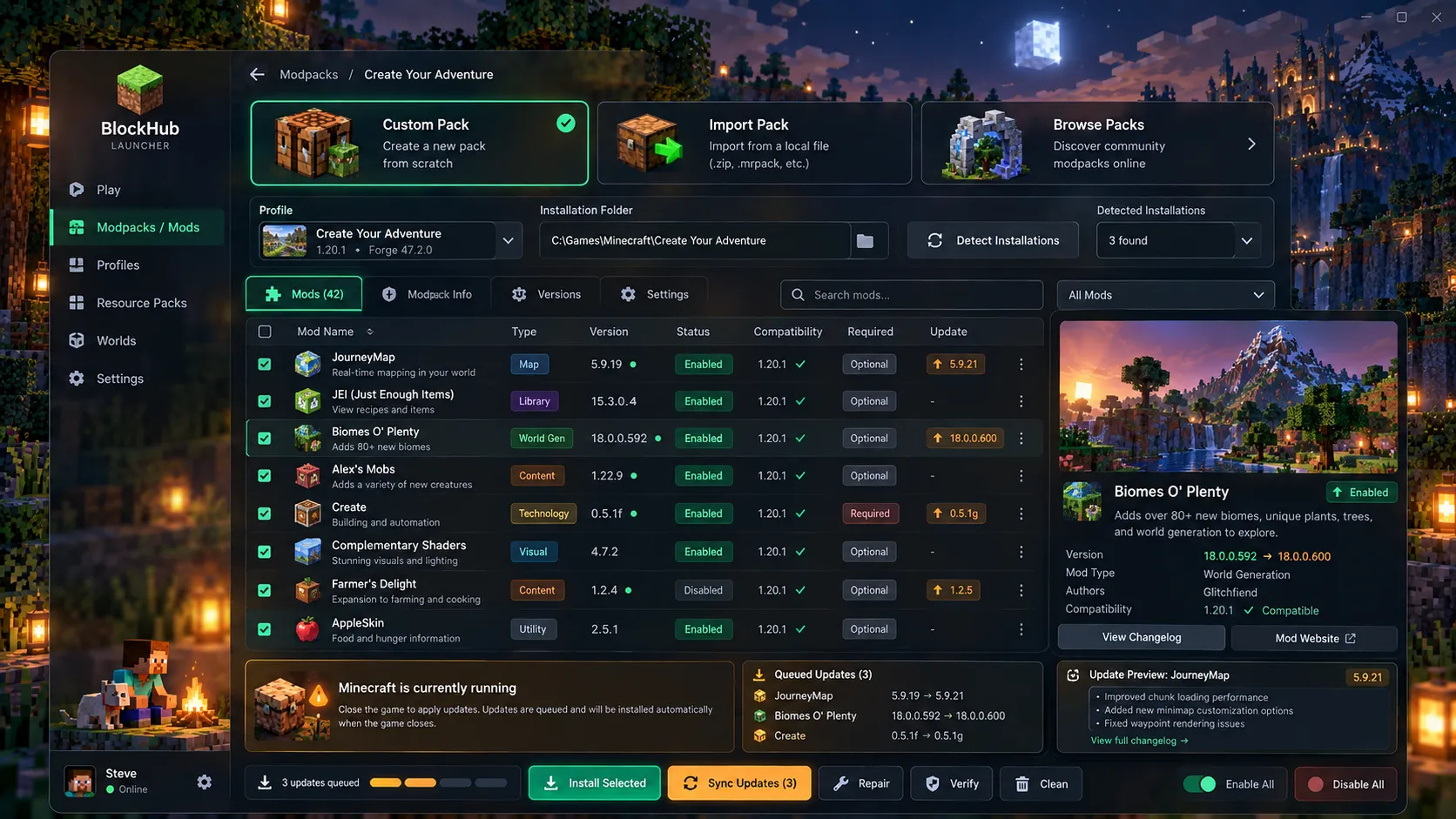 Conceito da tela de gerenciamento de mods do launcher, com lista de mods e atualizações na fila.