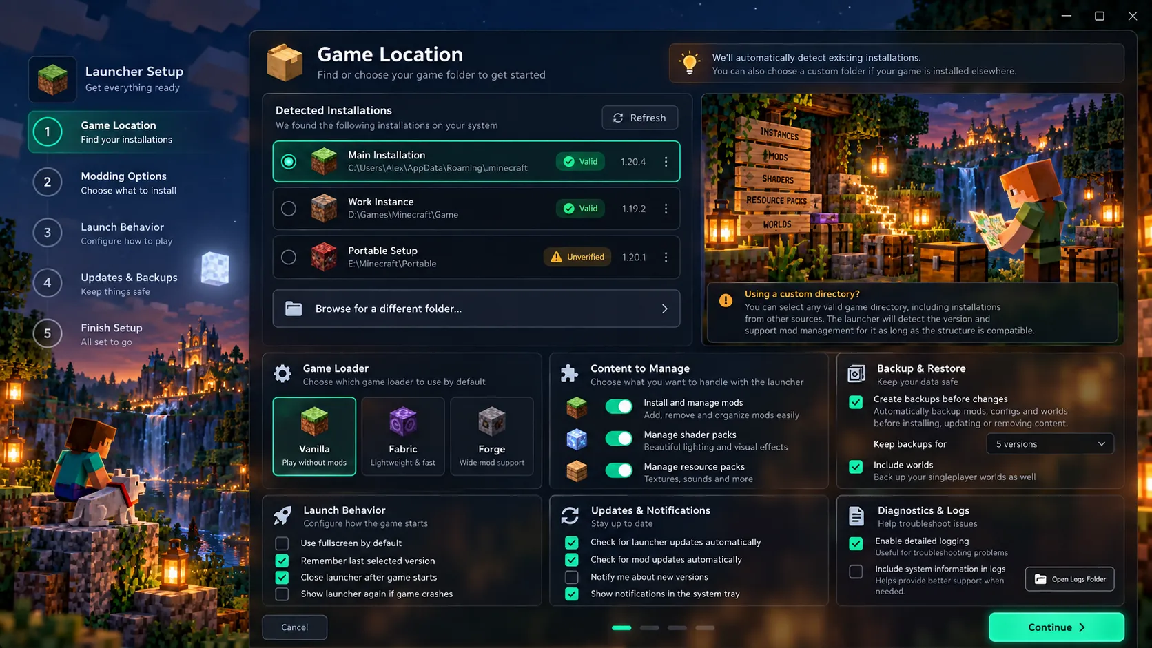 Conceito da tela de configuração inicial do launcher, com detecção de instalações do jogo.