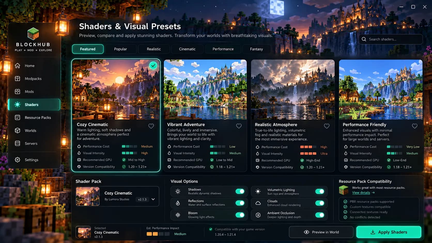 Conceito da tela de shaders do launcher, com quatro presets visuais lado a lado.