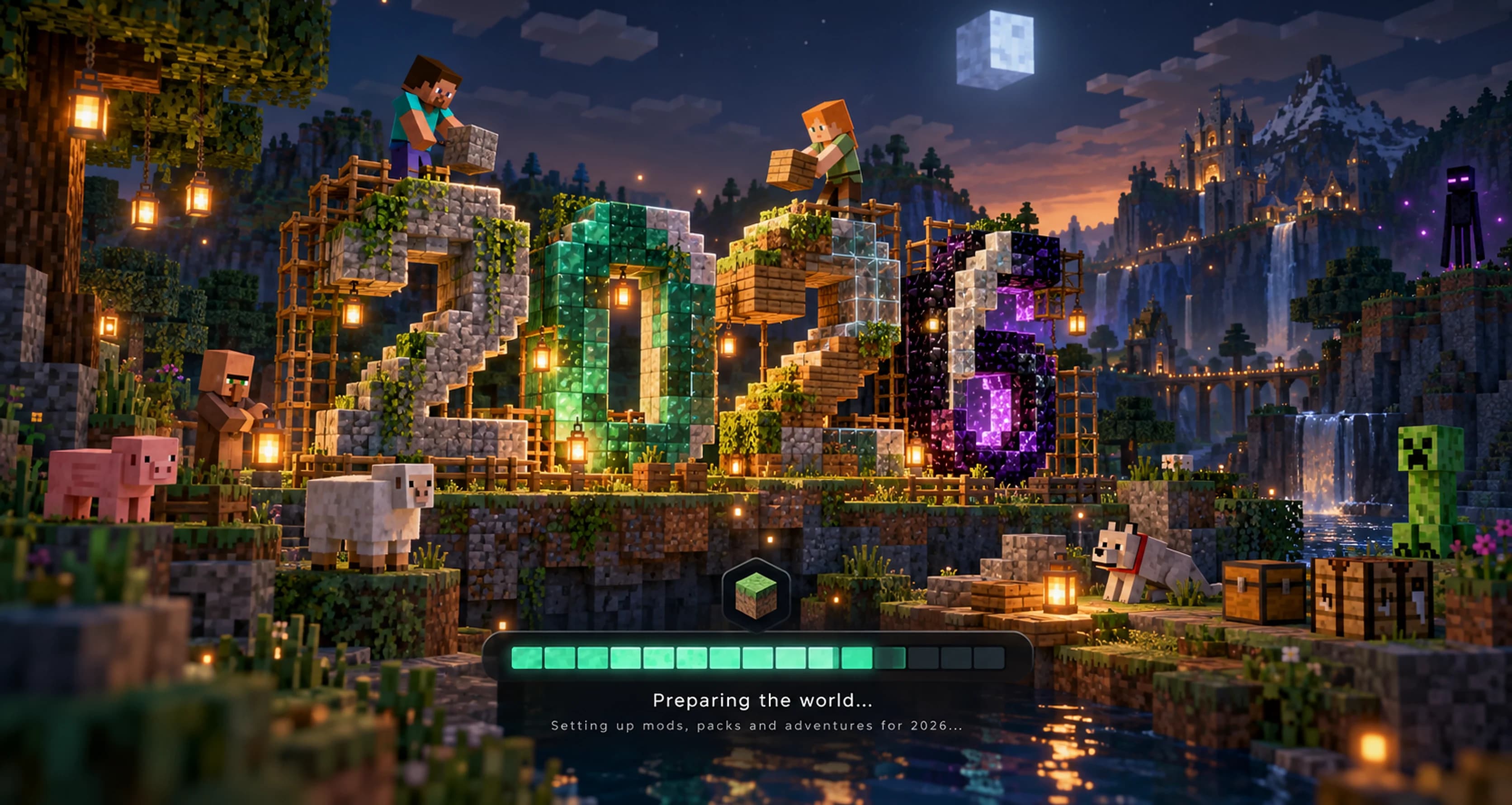 Personagens construindo o número 2026 com blocos em um vale iluminado por lanternas.