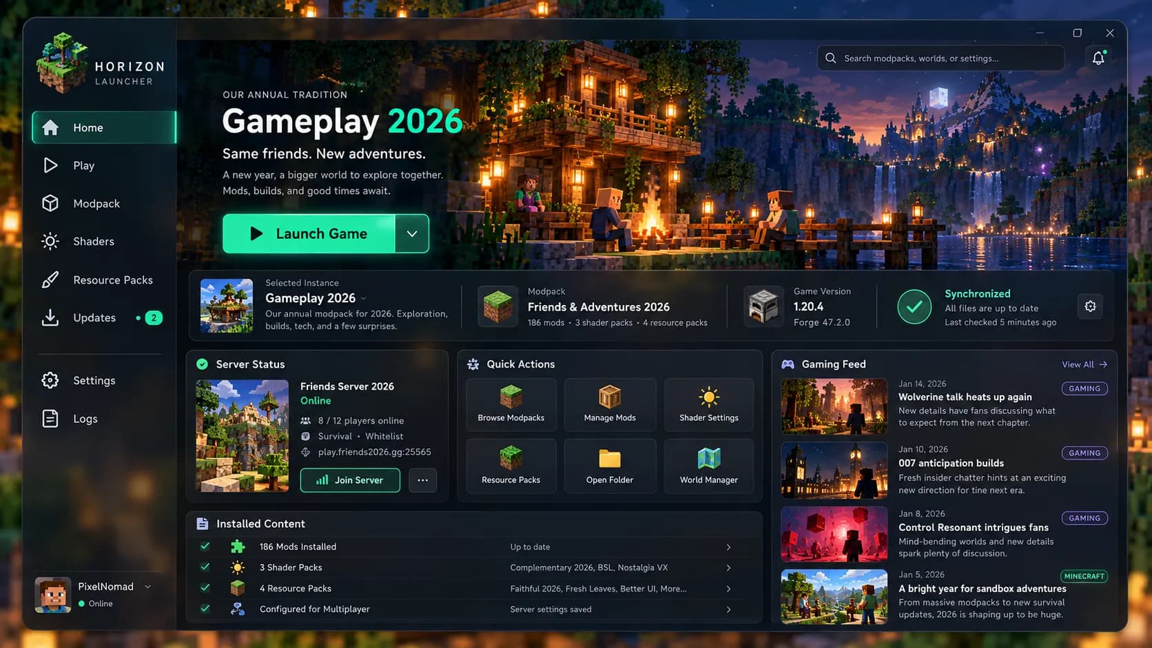 Conceito da tela inicial do launcher: capa da Gameplay 2026, botão de iniciar o jogo, status do servidor e conteúdo instalado.